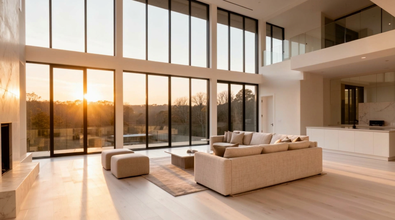 Sunlit luxury residential interior with soft natural light filtered through architectural window film